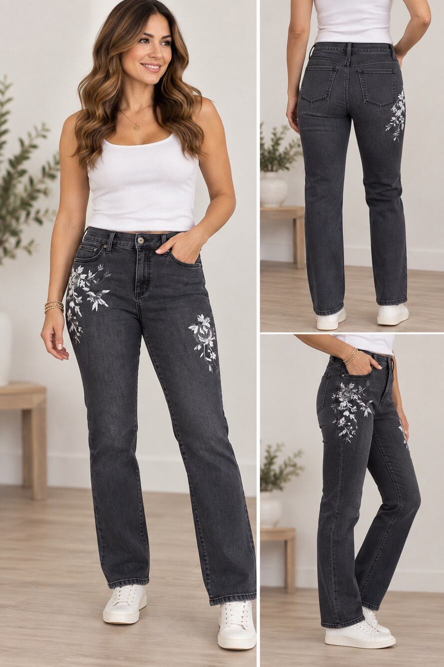 St. John’s Bay Floral Embroidered Black Jean Straight Legs Size 12 Dark Wash